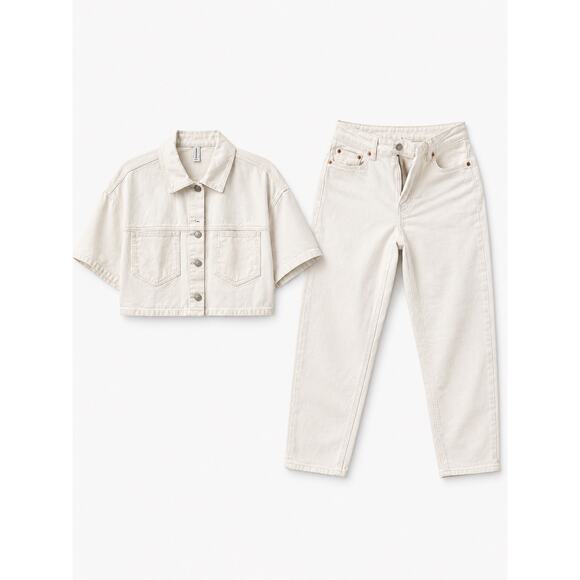 H&M Other - Forever 21 Cropped Denim Shirt + H&M White High Rise Jeans Set Size S/US 2